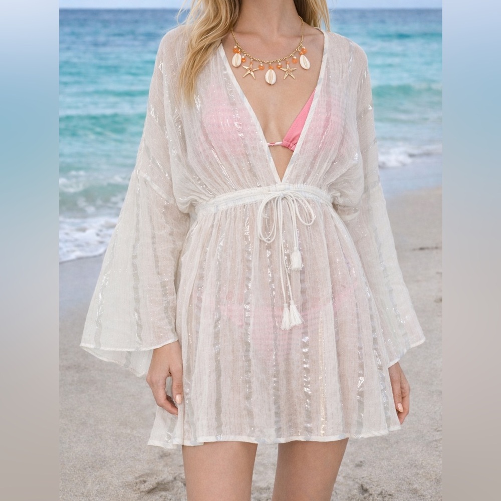 NWT MILLY OLYMPIA LUREX STRIPE COVER UP P